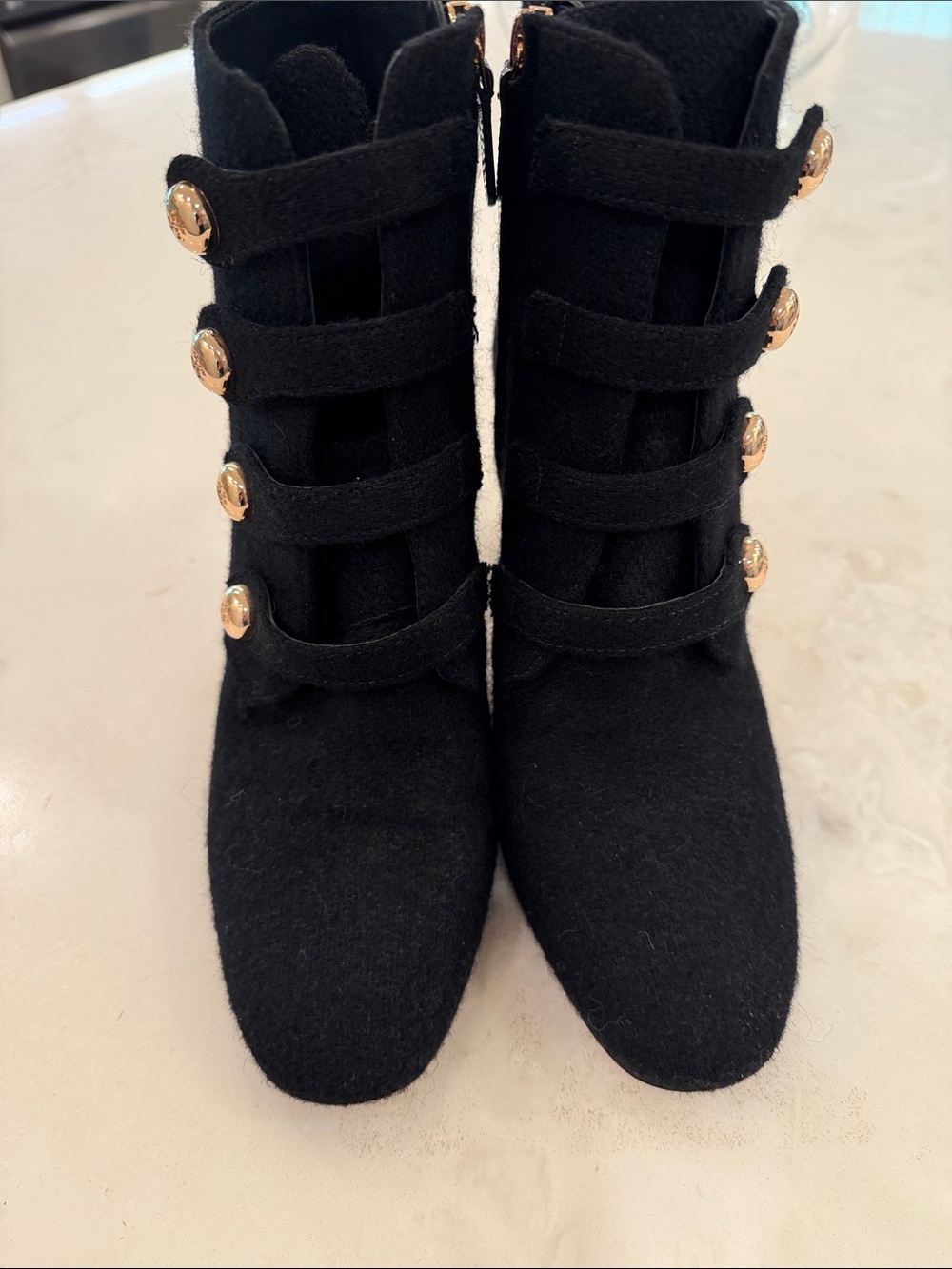Tory Burch Black Felt Heeled Ankle Boots with Gold Buttons